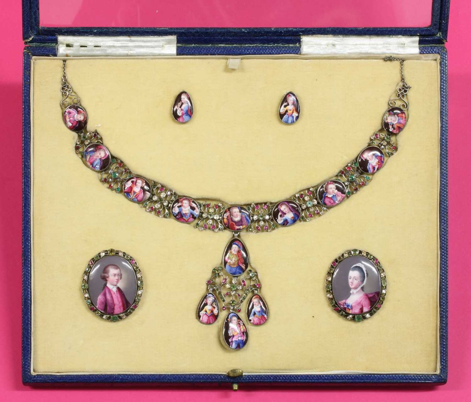 An 18th century enamelled portrait miniature necklace, earrings and pair of clasps, cased suite, - Image 3 of 6