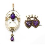 A late Victorian amethyst and split pearl crowned double heart brooch, c.1900,