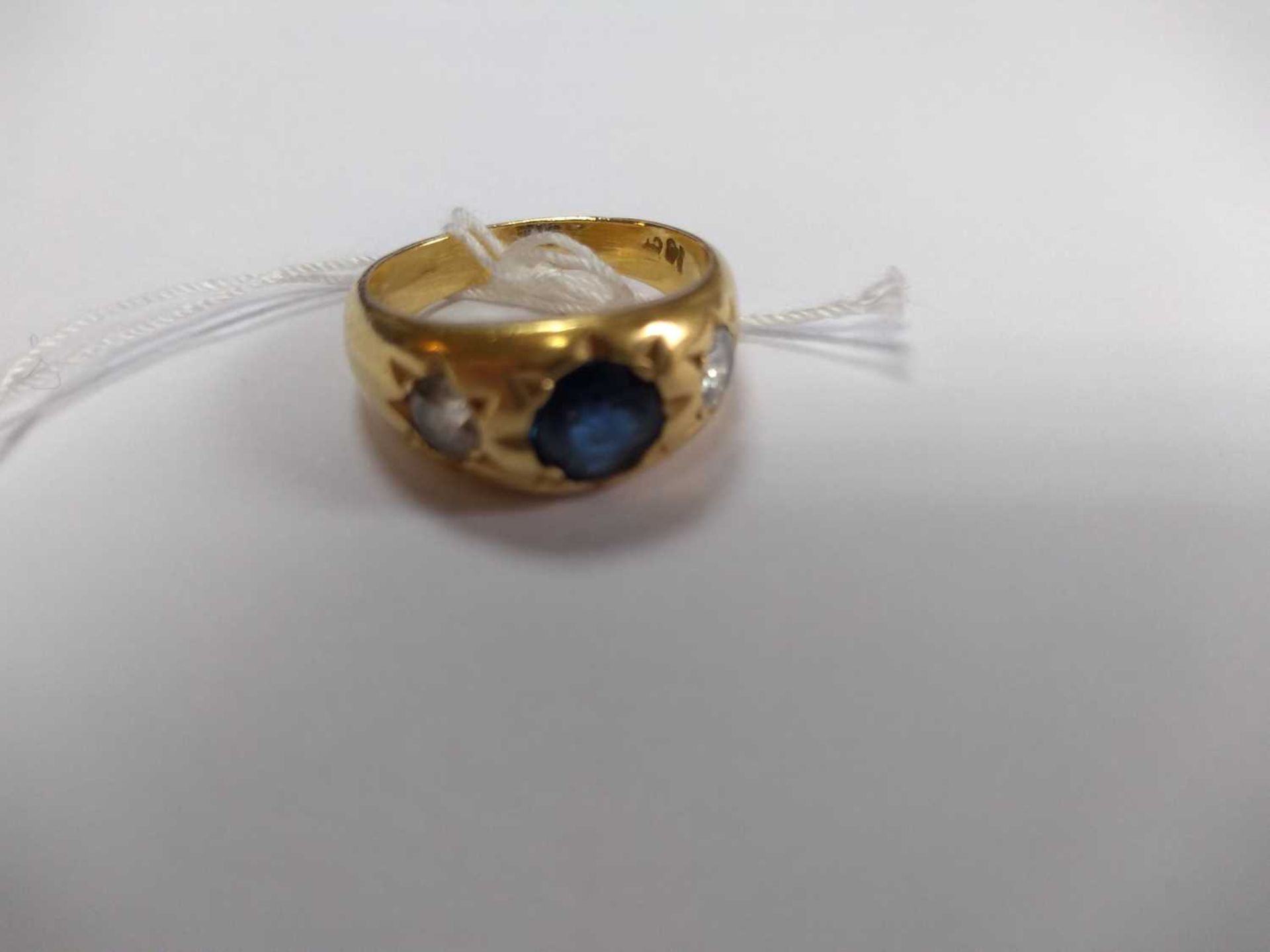 A three stone sapphire and diamond gypsy ring, - Image 3 of 4