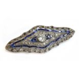 An Art Deco Continental white gold diamond and synthetic sapphire plaque brooch, c.1925,