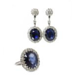 An American synthetic sapphire and diamond oval cluster ring and earring suite,