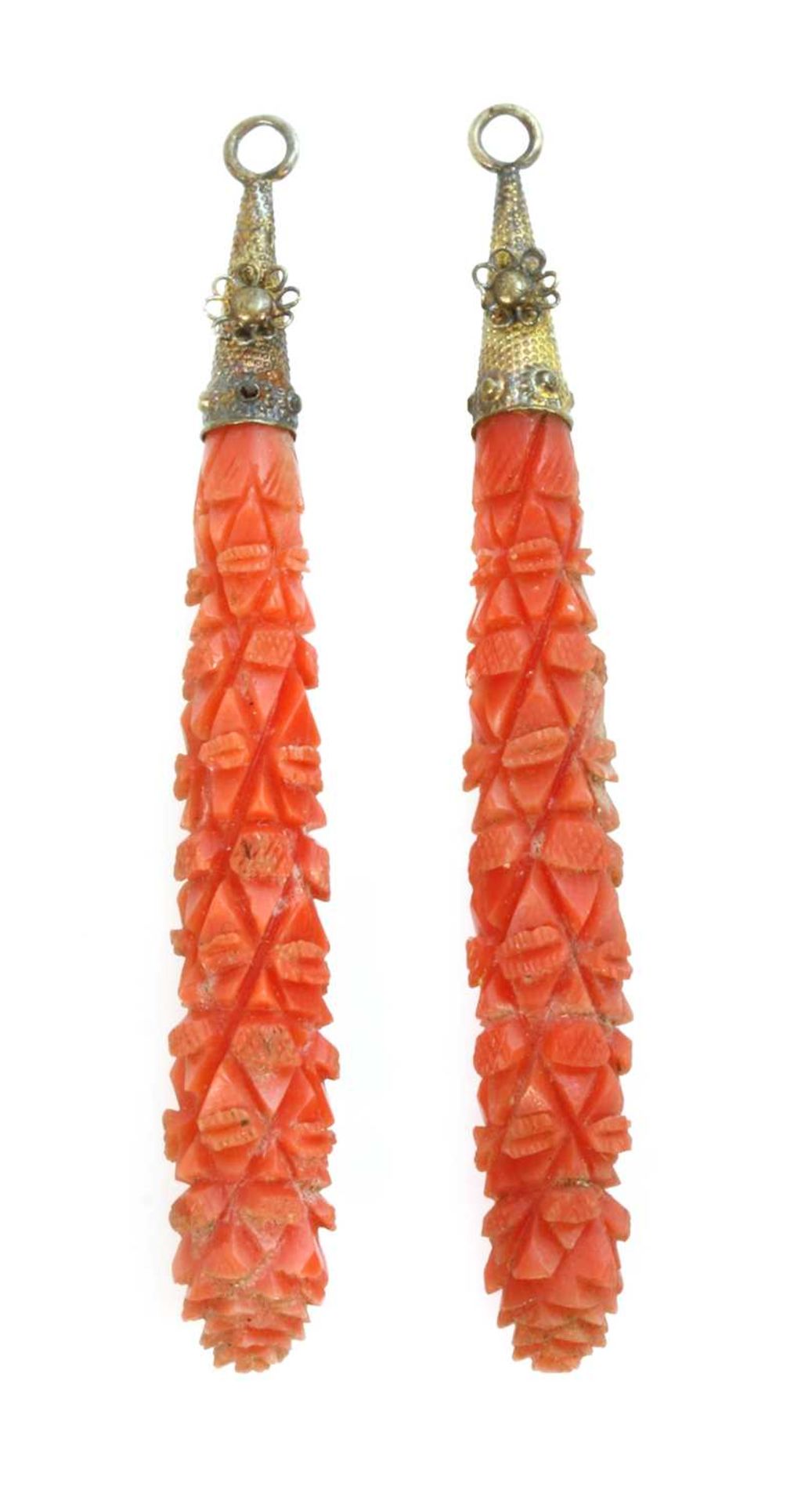 A pair of Regency carved coral pendant earring drops,