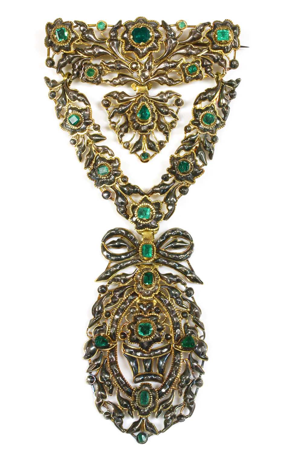 A Portuguese or Iberian emerald and diamond stomacher brooch, c.1750-1780,