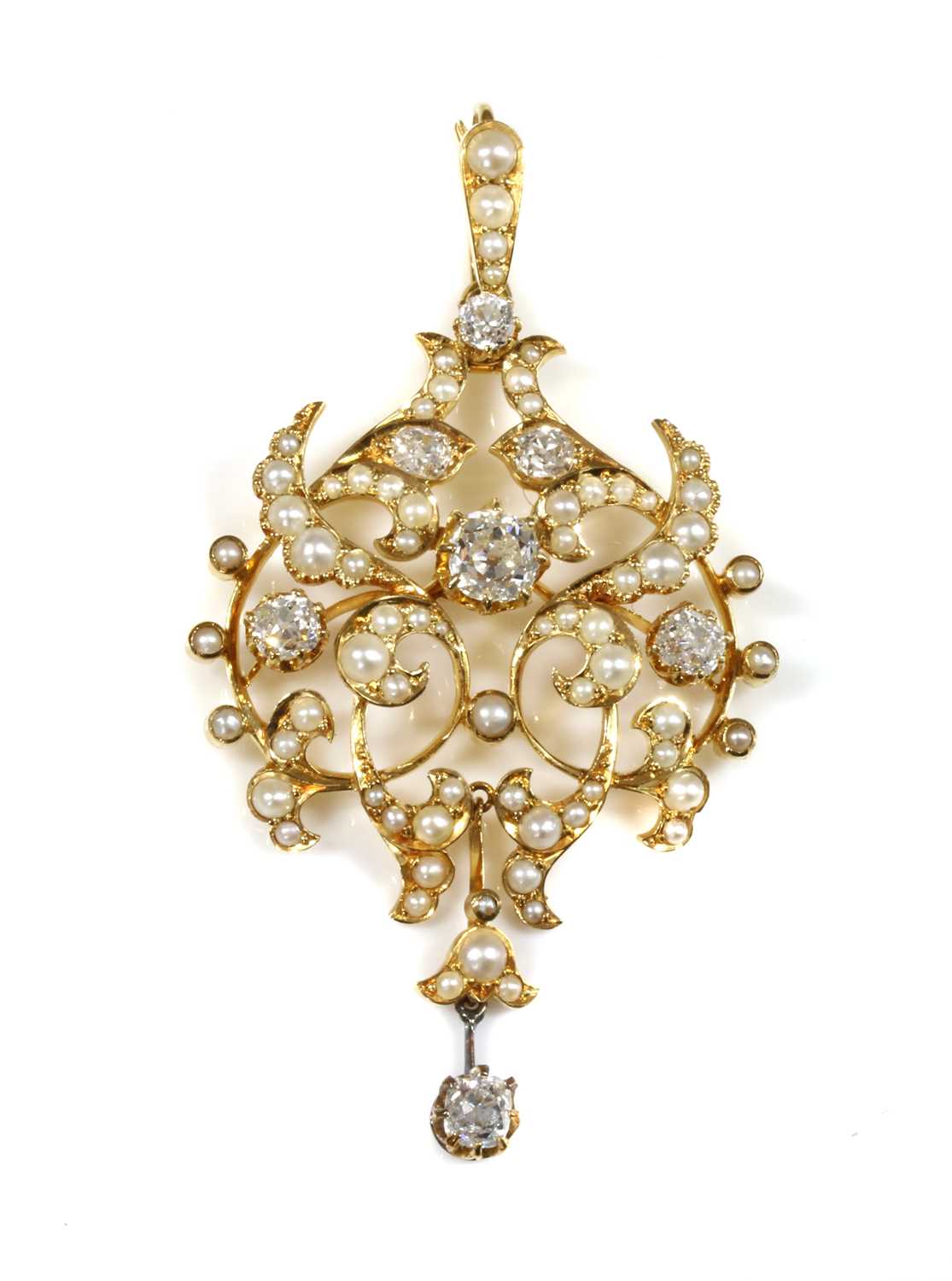 A late Victorian diamond and split pearl cartouche-shaped brooch/pendant, c.1890,