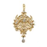 A late Victorian diamond and split pearl cartouche-shaped brooch/pendant, c.1890,