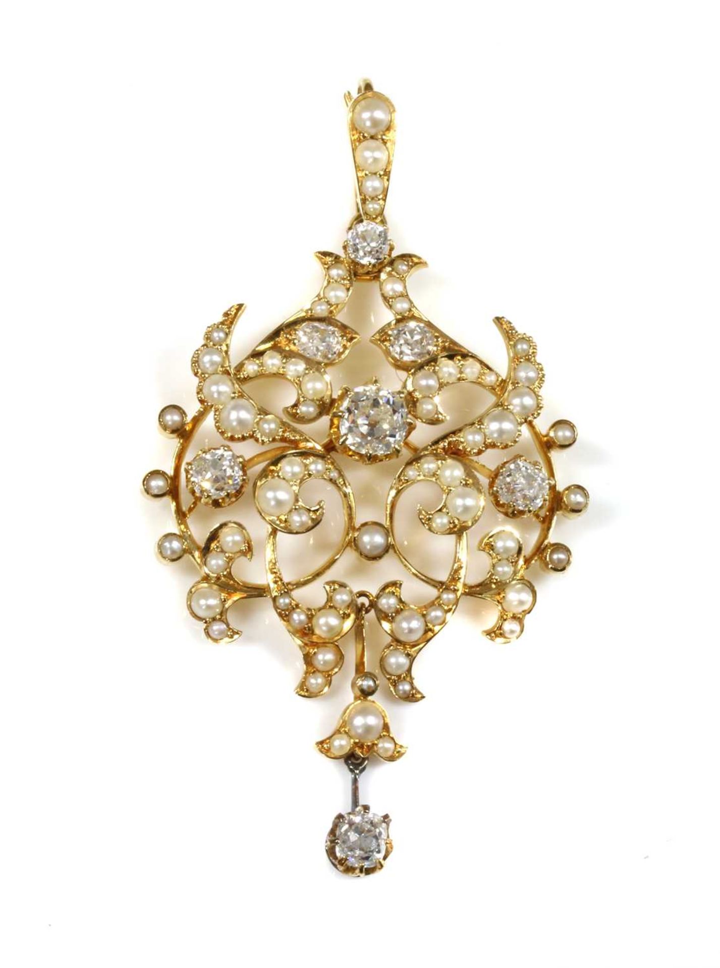 A late Victorian diamond and split pearl cartouche-shaped brooch/pendant, c.1890,