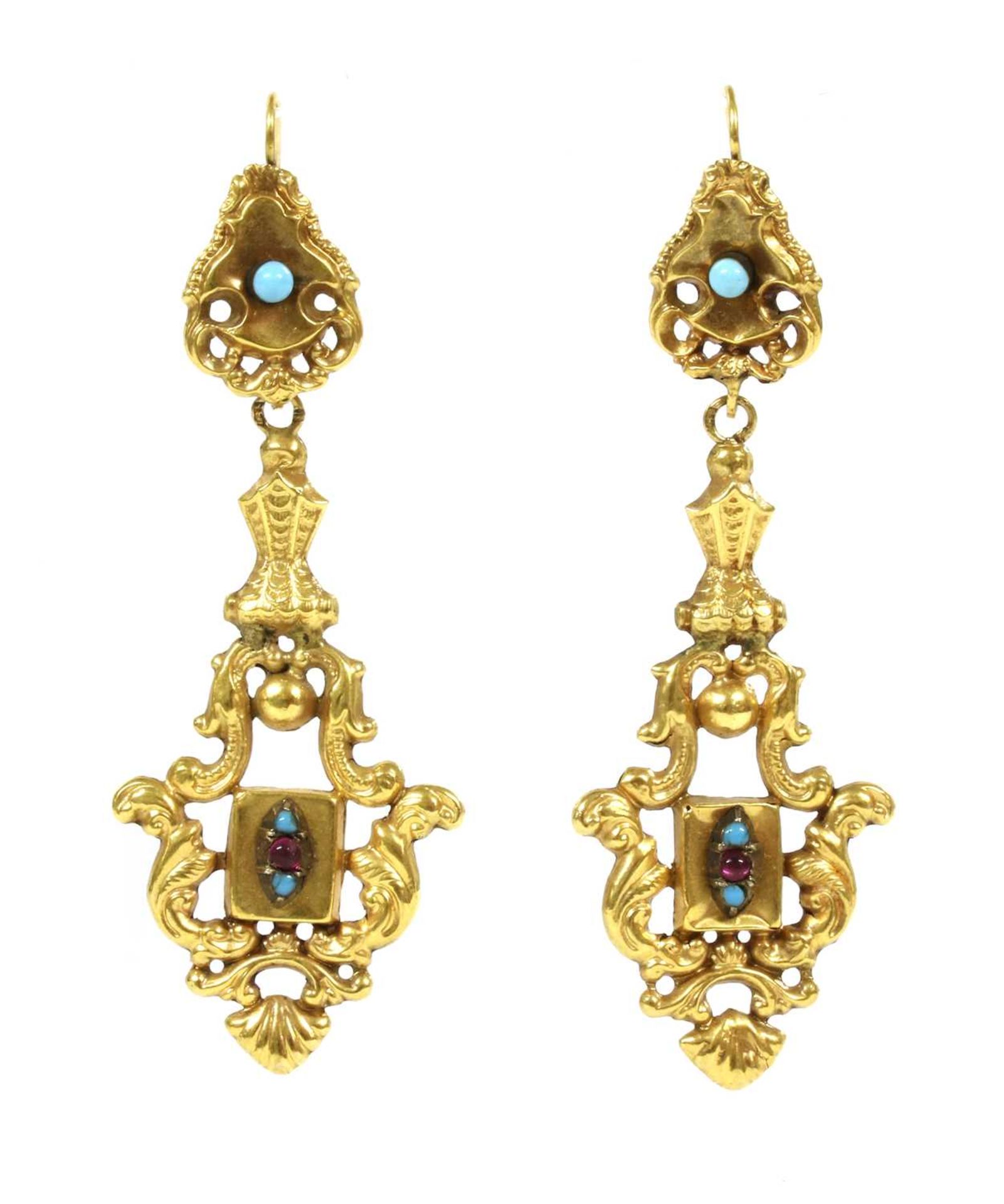 A pair of early Victorian gold repoussé rococo-style drop earrings,
