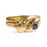 A Victorian 15ct gold sapphire and diamond twin snake ring,