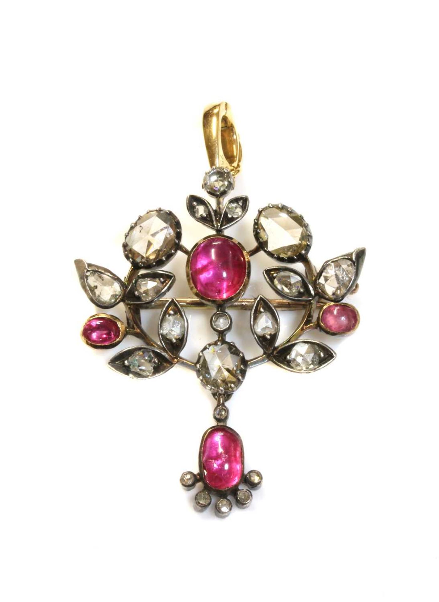 A Victorian cabochon ruby and diamond spray brooch pendant,