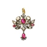 A Victorian cabochon ruby and diamond spray brooch pendant,