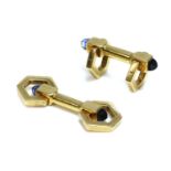 A pair of gold and sapphire geometric bar link cufflinks,
