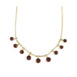 A 9ct gold garnet and split cultured pearl fringe necklace,