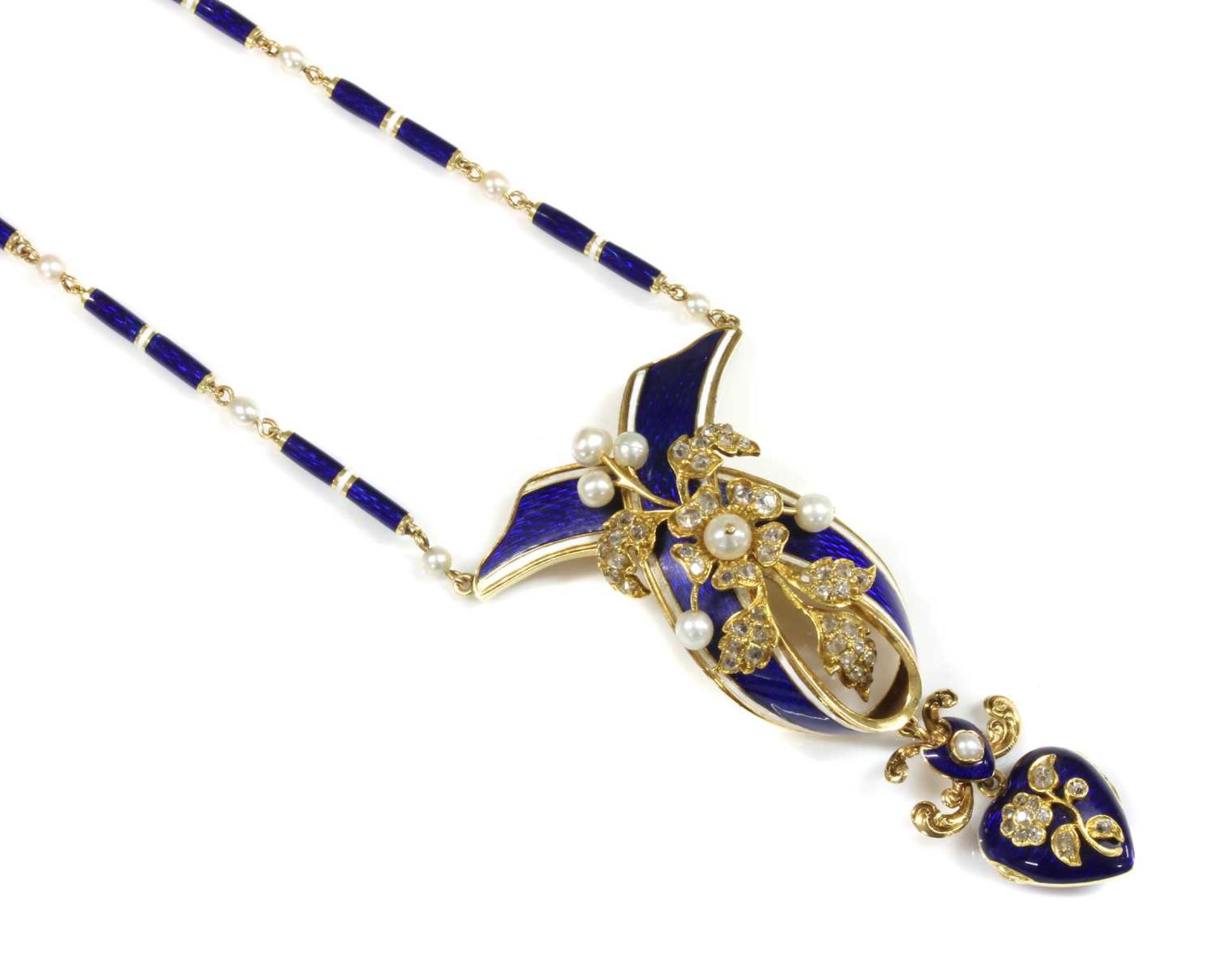 A Victorian enamel, pearl and diamond set necklace,