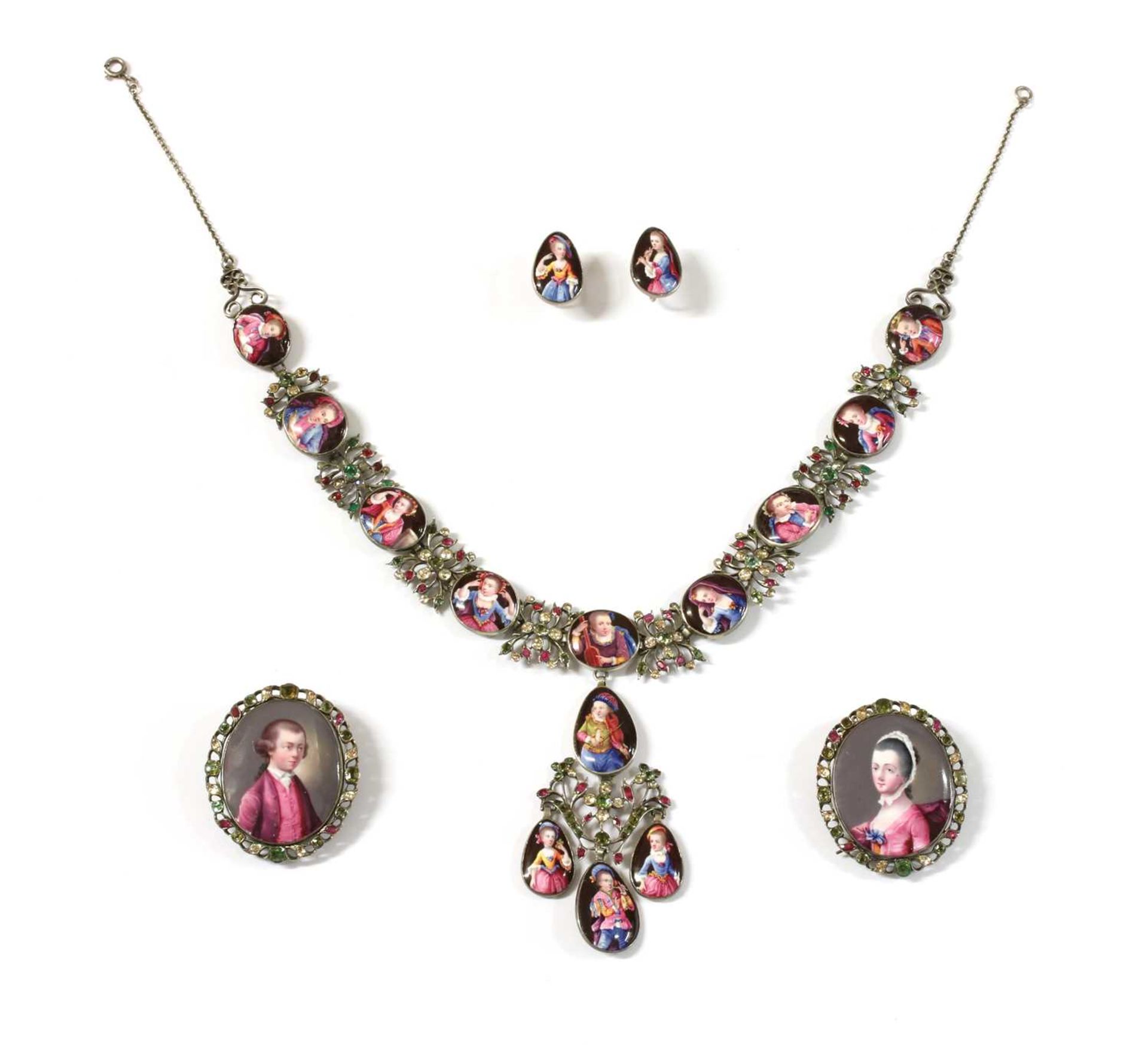 An 18th century enamelled portrait miniature necklace, earrings and pair of clasps, cased suite,