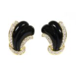 A pair of onyx and diamond gold scroll or wave earrings,