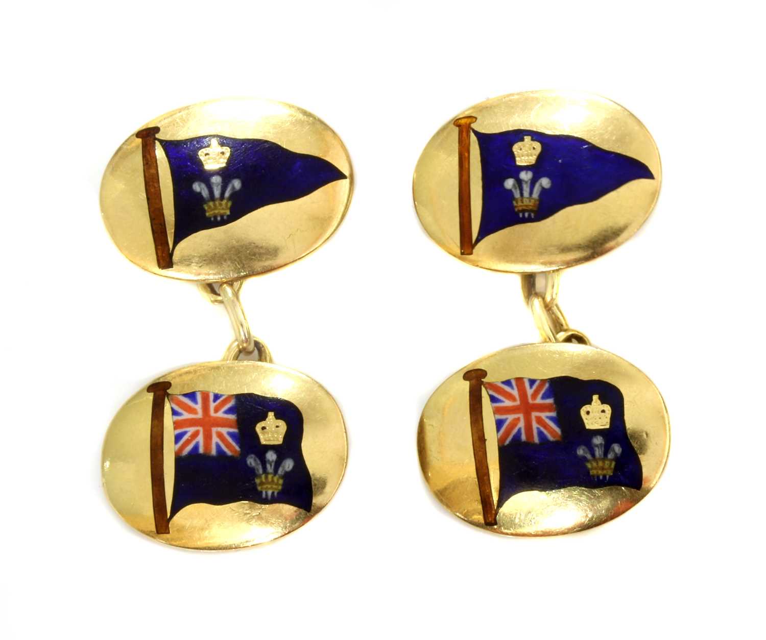 A pair of gold oval enamelled chain-link cufflinks by Benzie Cowes,