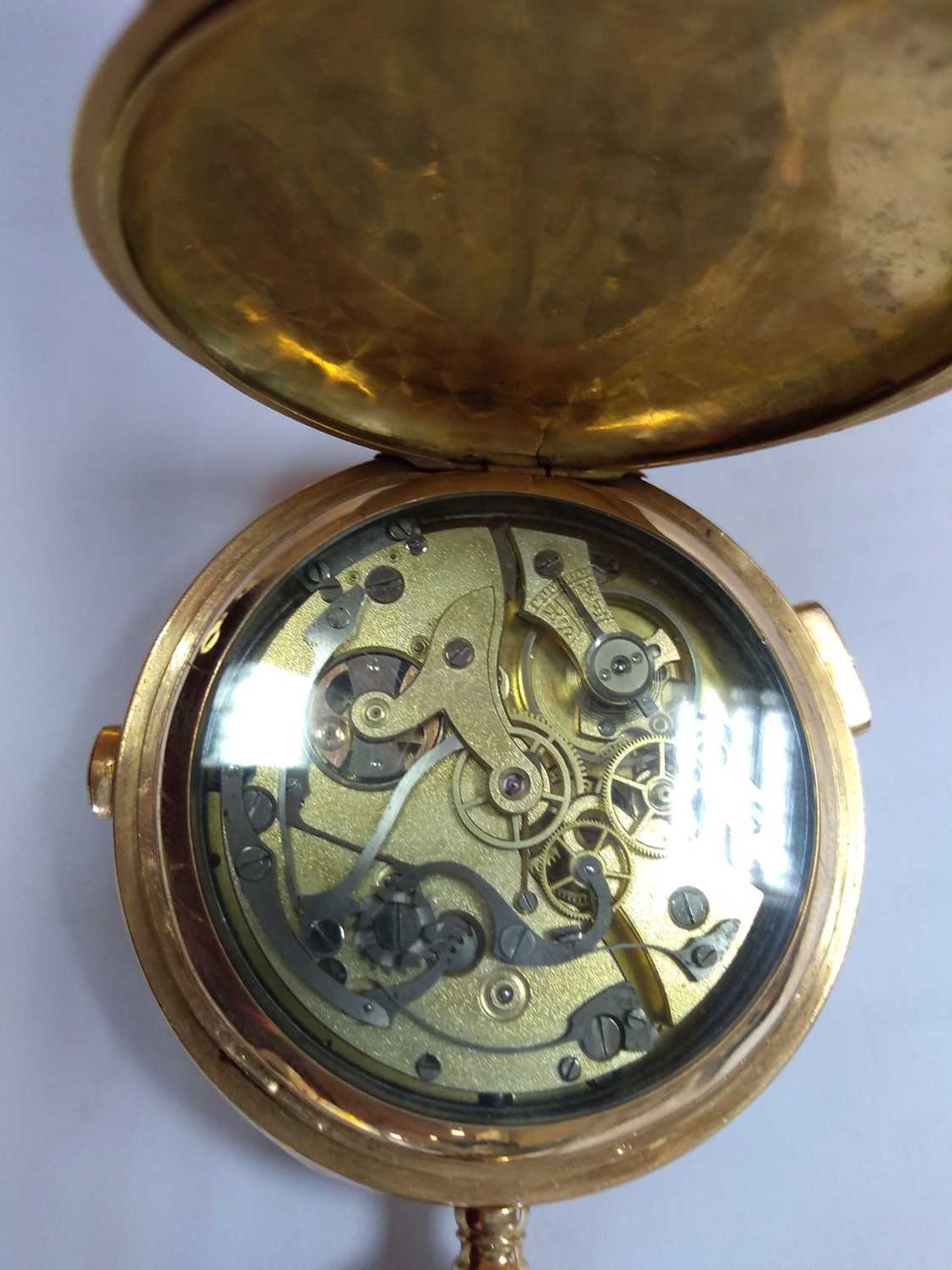 A gold side wind hunter chronograph minute repeater pocket watch, - Image 12 of 14