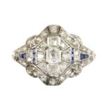 An Art Deco diamond and synthetic sapphire plaque ring, c.1930,