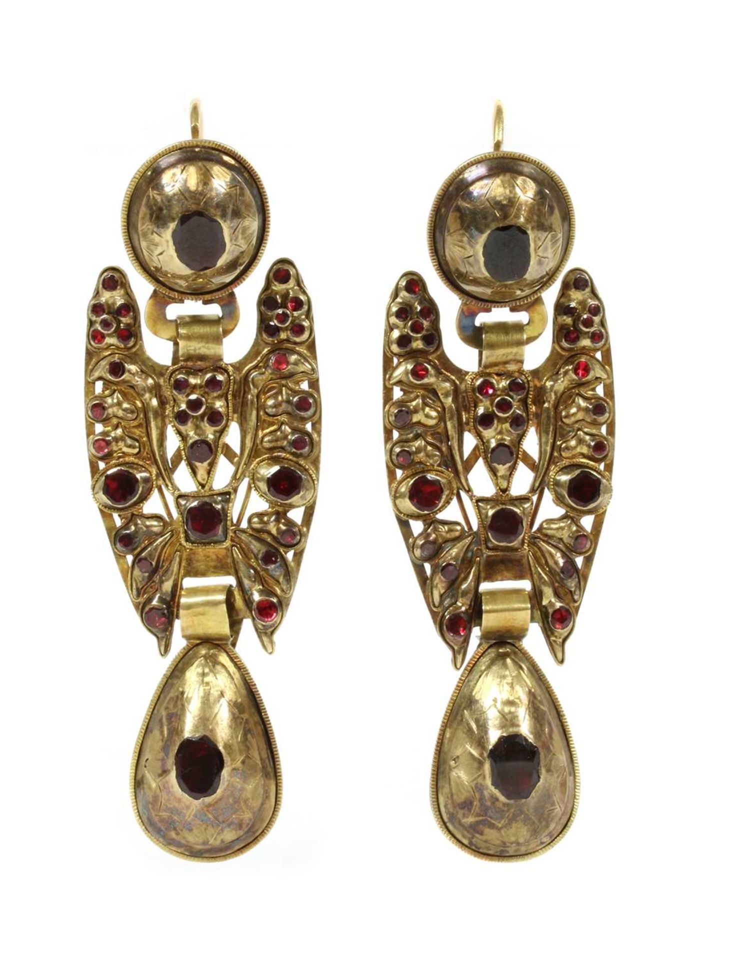 A pair of antique 19th century Spanish Catalan flat cut garnet drop earrings,