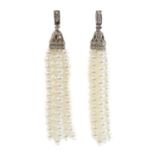 A pair of Continental cultured freshwater pearl and diamond tassel earrings,