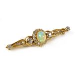 A Victorian opal, diamond and split pearl gold bar brooch,