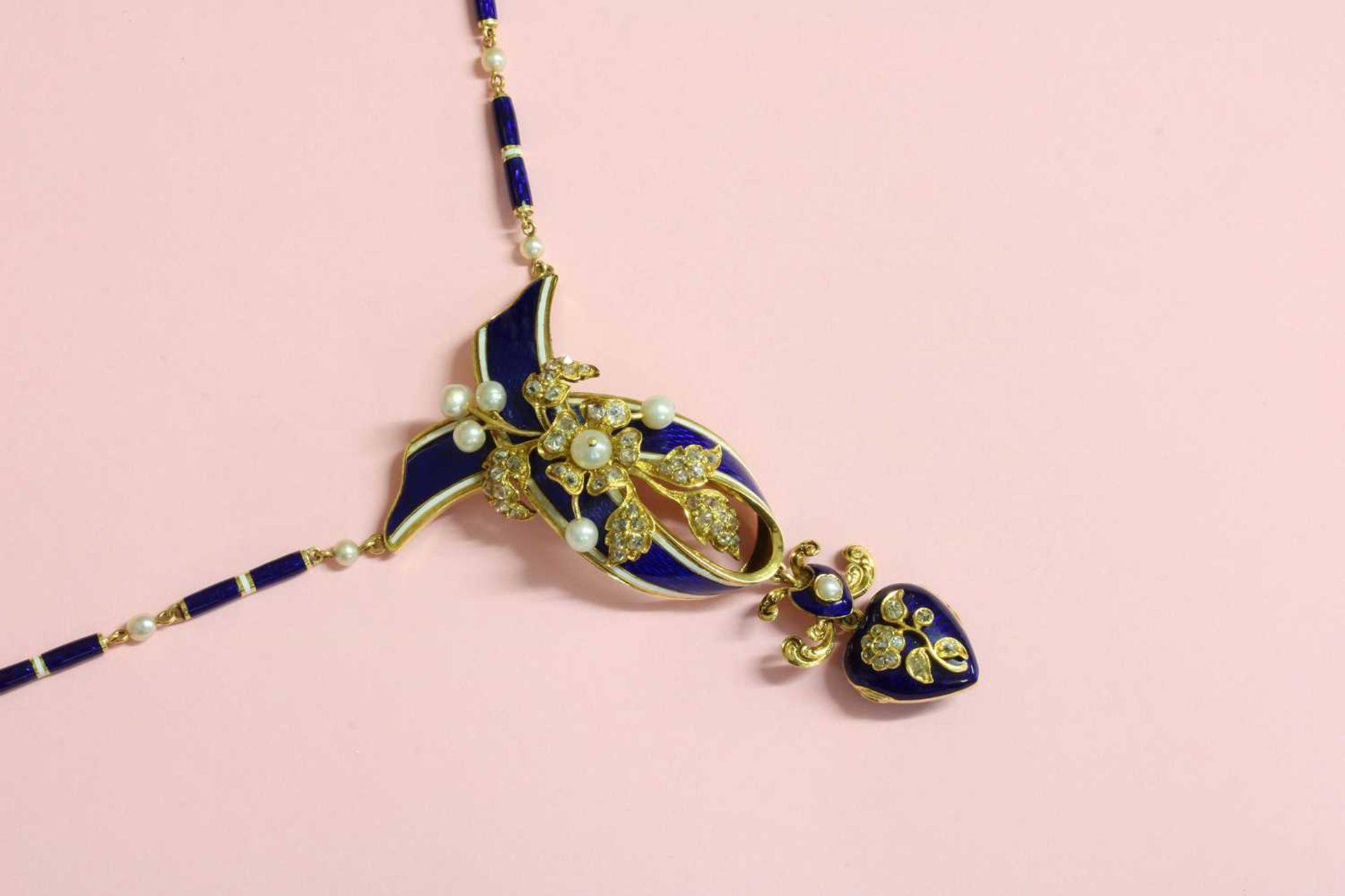 A Victorian enamel, pearl and diamond set necklace, - Image 3 of 3