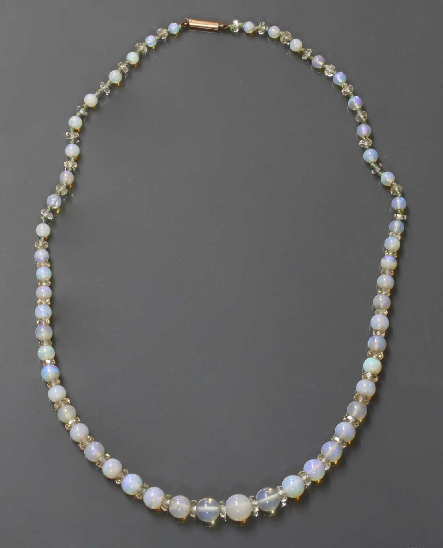 A single row graduated opal and glass bead necklace, - Image 3 of 3