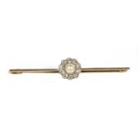 A pearl diamond daisy cluster bar brooch, c.1920,
