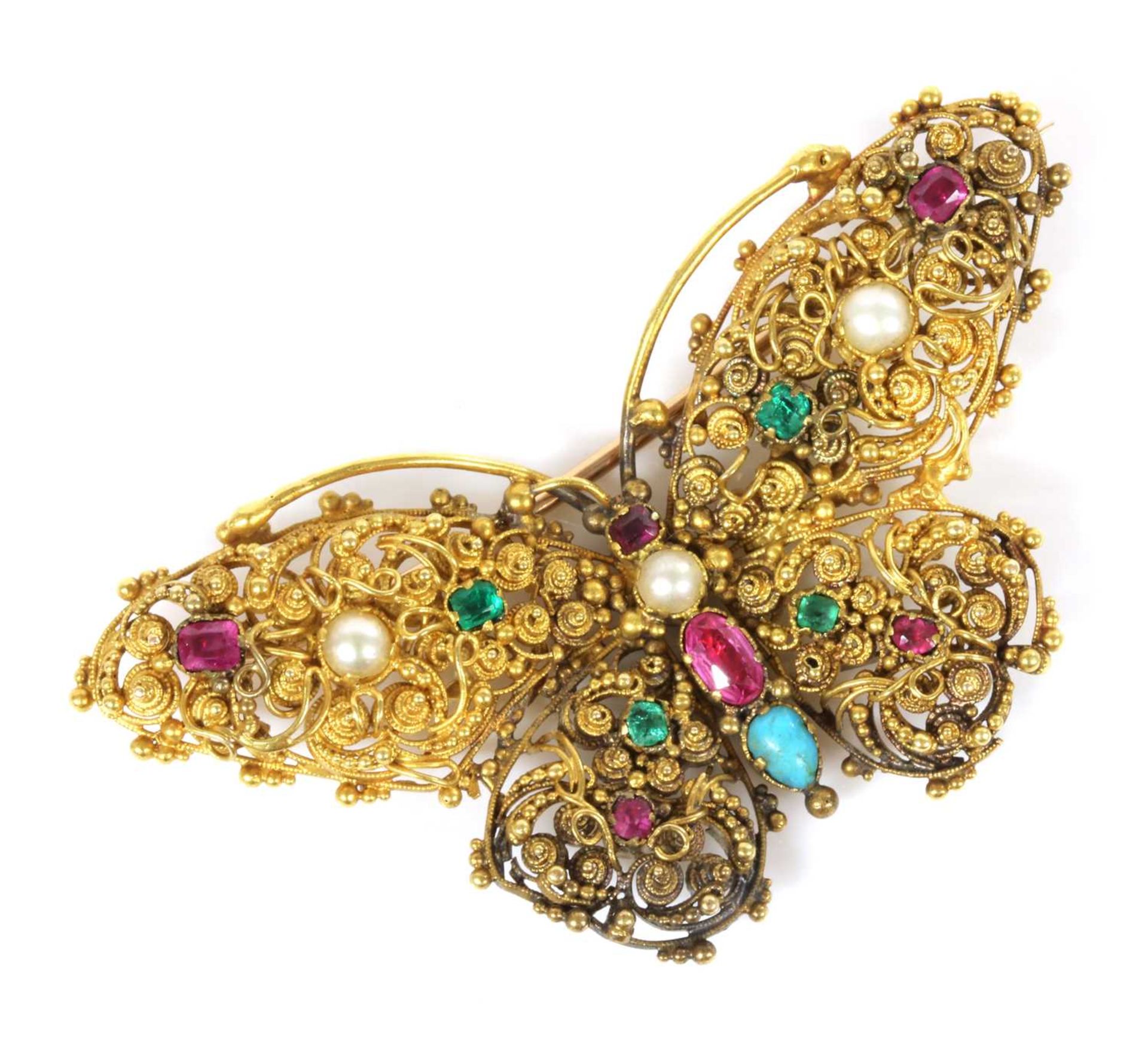 A Regency gold, gemstone and pearl butterfly brooch, c.1820,