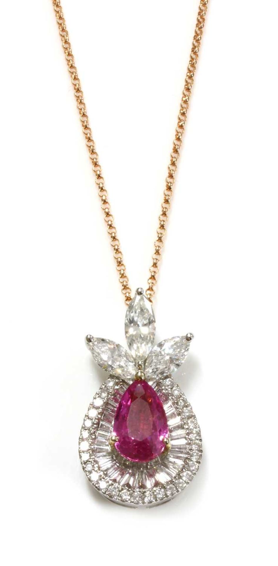 A white and rose gold pink sapphire and diamond pendant,