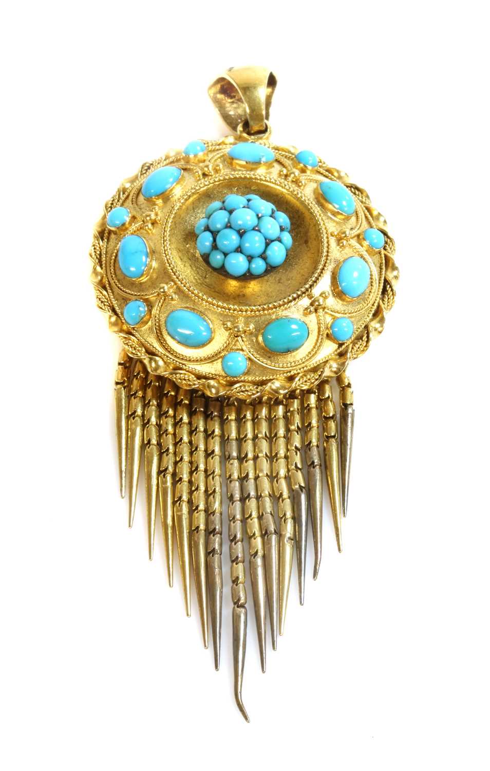 A Victorian Etruscan Revival gold and turquoise set fringe pendant, c.1860,