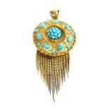 A Victorian Etruscan Revival gold and turquoise set fringe pendant, c.1860,