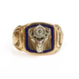 An American masonic two colour gold and diamond Elk Club, diamond and enamel BPOE lodge ring,