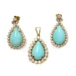 A gold stained howlite and diamond pendant and earring suite,