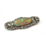 A cased Art Deco opal and diamond plaque brooch, c.1930,