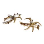 A pair of 9ct two colour gold, diamond and ruby star/flower brooches, c.1970,