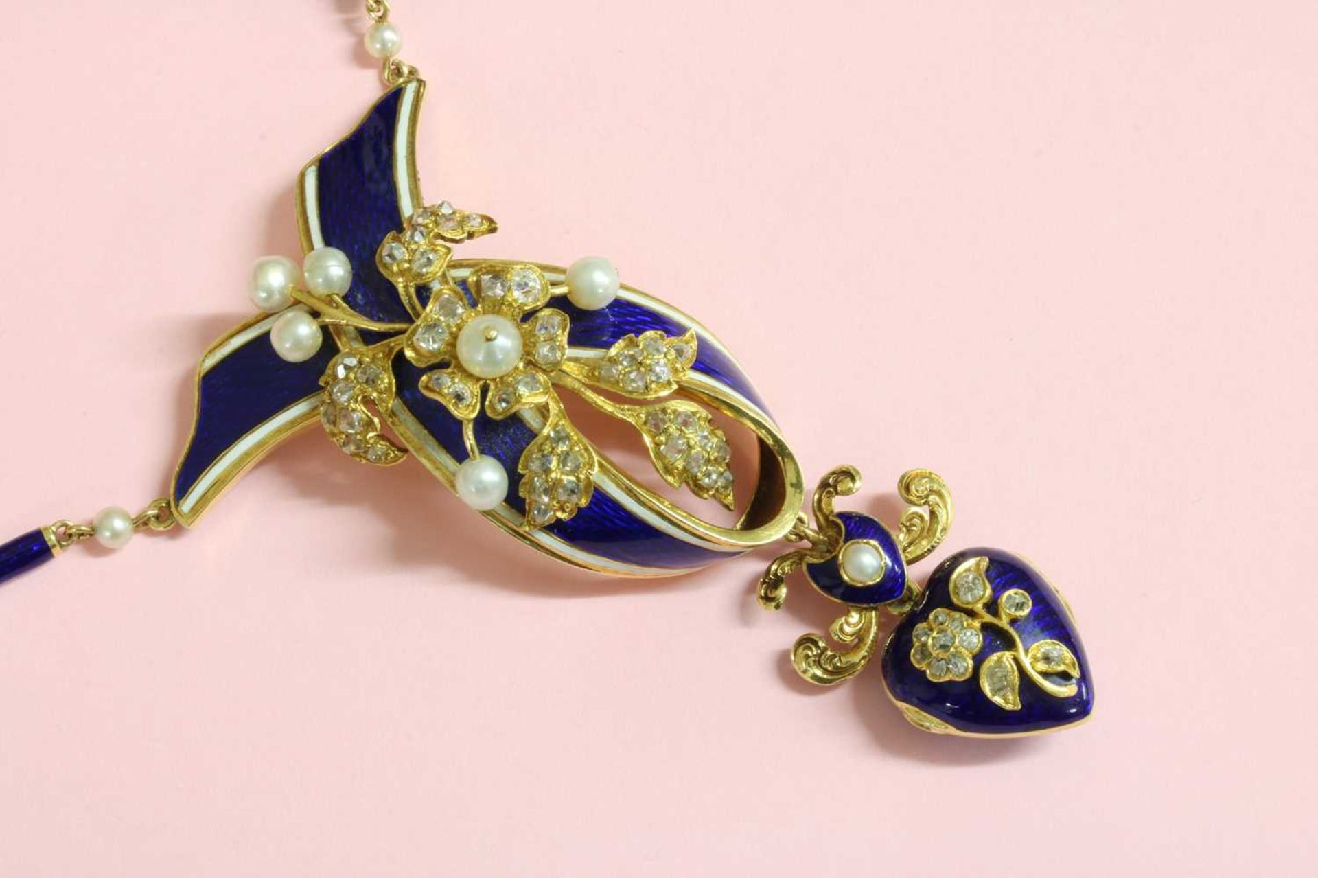 A Victorian enamel, pearl and diamond set necklace, - Image 2 of 3