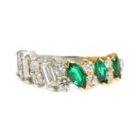 A yellow gold and platinum emerald diamond half hoop ring,