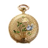 A Continental gold and enamel hunter-style top wind fob watch, c.1910,