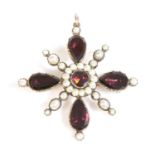 A Georgian gold foiled garnet and split pearl cruciform brooch/pendant,