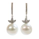 A pair of Italian white gold cultured South Sea pearl and diamond drop earrings,