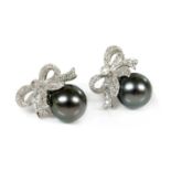 A pair of 18ct white gold Tahitian cultured pearl and diamond stud earrings,