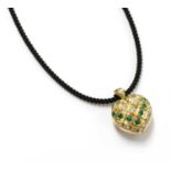 An 18ct gold emerald and diamond heart pendant and chain by Regalia Jewels, London, c.2000,