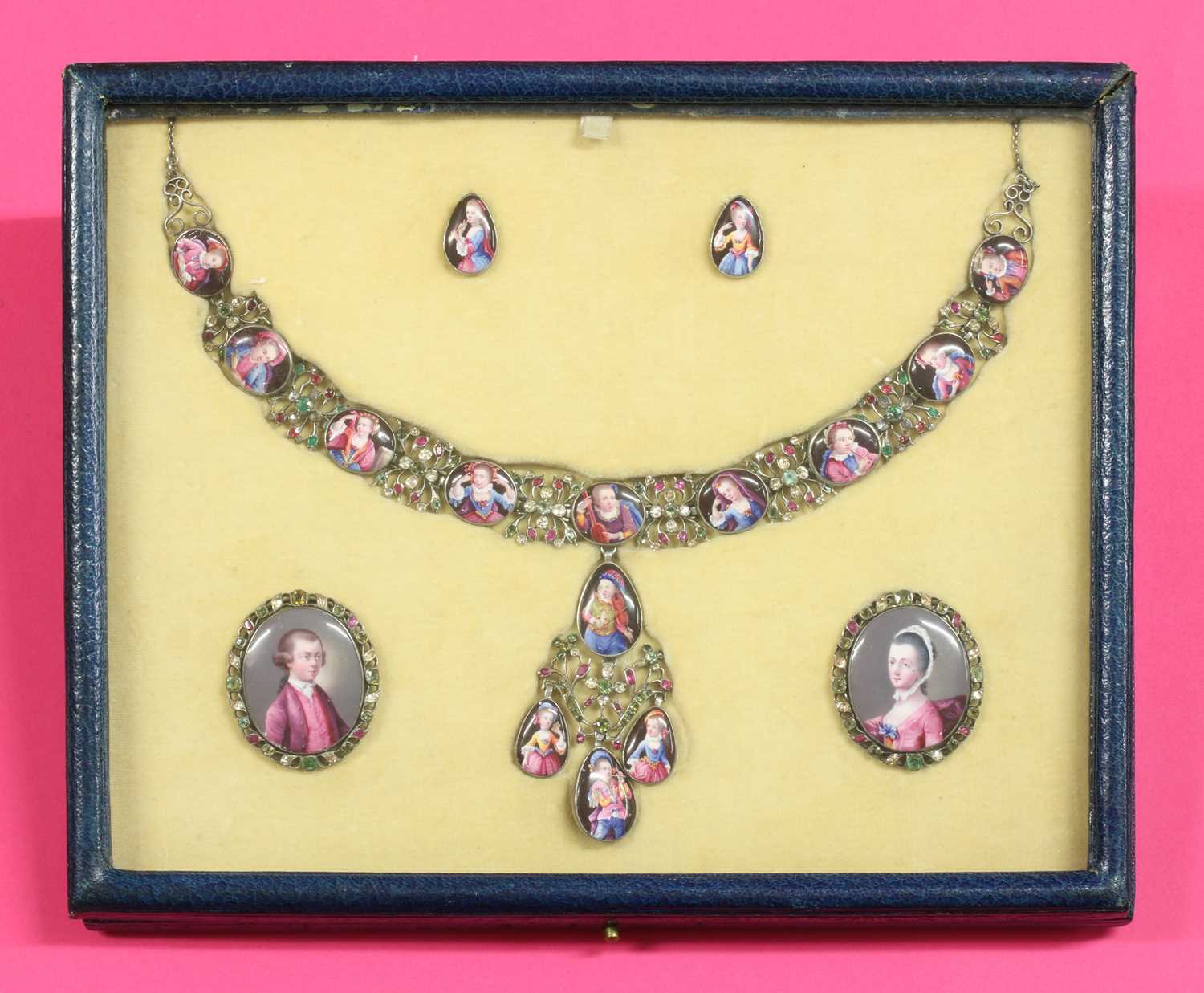 An 18th century enamelled portrait miniature necklace, earrings and pair of clasps, cased suite, - Image 4 of 6