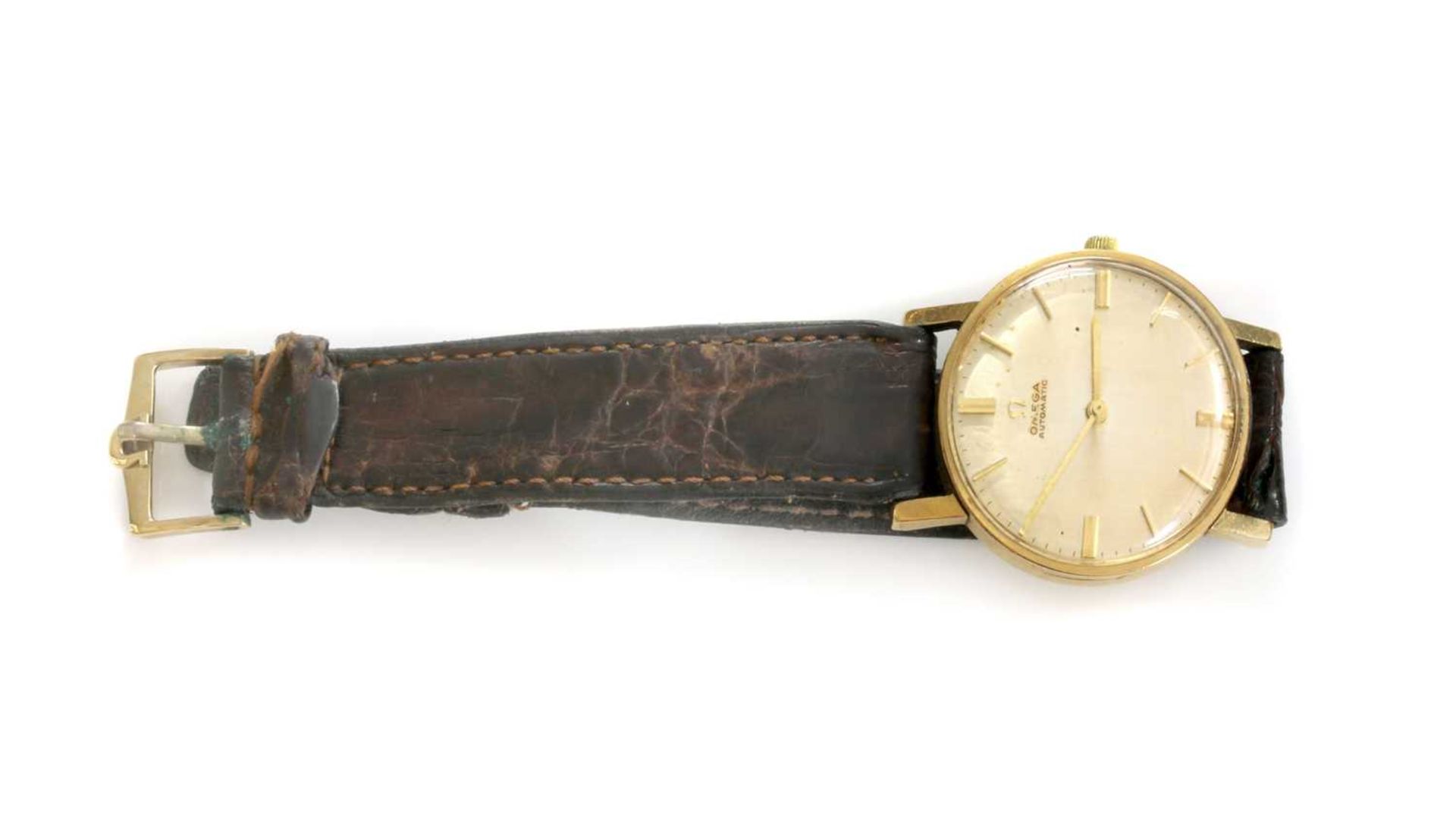 A gentlemen's 9ct gold Omega automatic strap watch, c.1963,