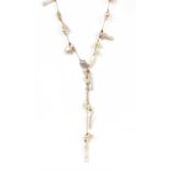 An Italian rose gold, cultured freshwater pearl and carved gemstone, lariat-style necklace,