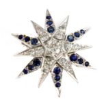 A white gold diamond and sapphire India Star brooch,