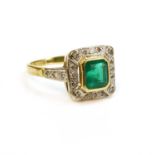 An 18ct gold emerald and diamond square cluster ring,