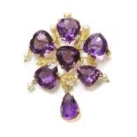 A Continental gold amethyst and cultured pearl brooch/pendant,