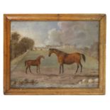 English School (19th century), A bay mare and her foal in parkland, oil on tin